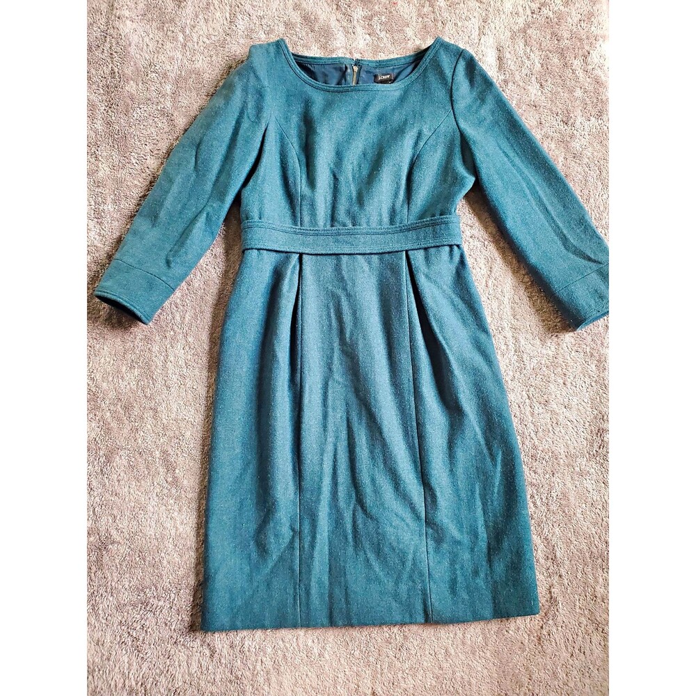 J.CREW Blue Wool Blend Sheath Dress Scoop Neck 3/4 Sleeve Lined Zip Sz 8